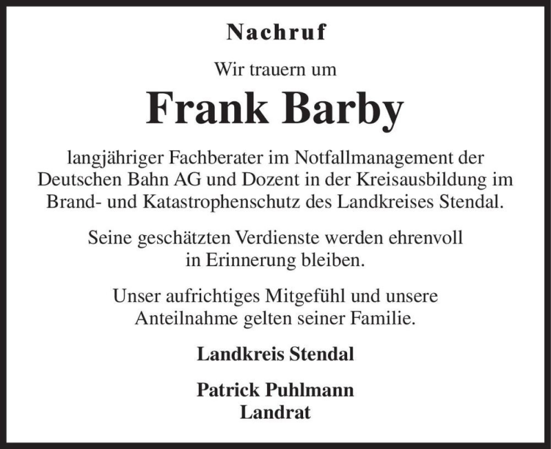  Traueranzeige für Frank Barby  vom 04.09.2021 aus Magdeburger Volksstimme