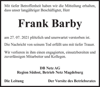 Traueranzeige von Frank Barby  von Magdeburger Volksstimme