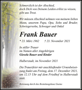 Traueranzeige von Frank Bauer  von Magdeburger Volksstimme
