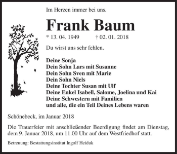 Traueranzeige von Frank Baum  von Magdeburger Volksstimme