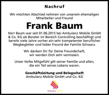 Traueranzeige von Frank Baum  von Magdeburger Volksstimme