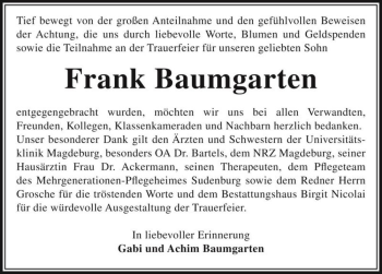 Traueranzeige von Frank Baumgarten  von Magdeburger Volksstimme