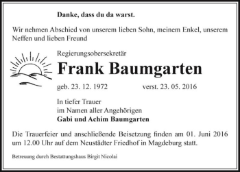 Traueranzeige von Frank Baumgarten  von Magdeburger Volksstimme