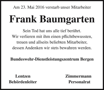 Traueranzeige von Frank Baumgarten  von Magdeburger Volksstimme