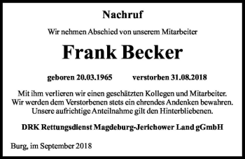 Traueranzeige von Frank Becker  von Magdeburger Volksstimme