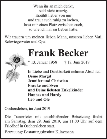 Traueranzeige von Frank Becker  von Magdeburger Volksstimme