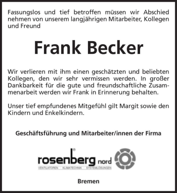 Traueranzeige von Frank Becker  von Magdeburger Volksstimme