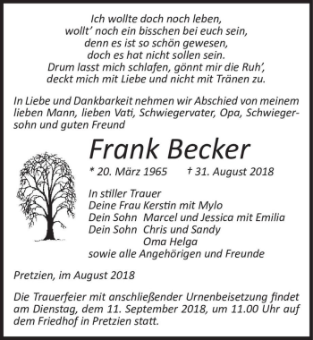 Traueranzeige von Frank Becker  von Magdeburger Volksstimme
