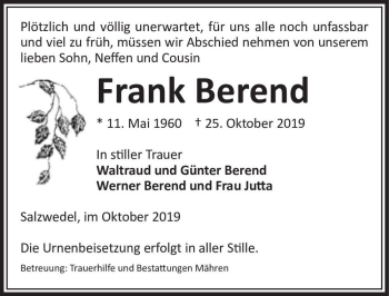 Traueranzeige von Frank Berend  von Magdeburger Volksstimme