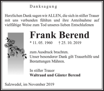 Traueranzeige von Frank Berend  von Magdeburger Volksstimme