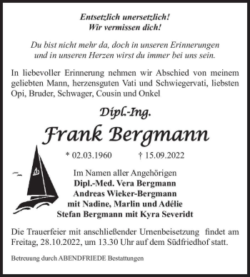 Traueranzeige von Frank Bergmann  von Magdeburger Volksstimme