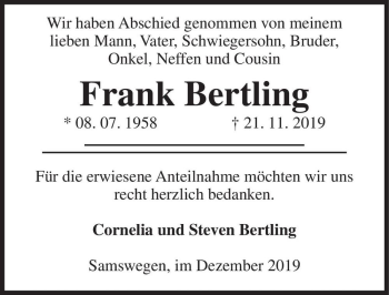 Traueranzeige von Frank Bertling  von Magdeburger Volksstimme