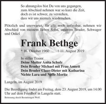 Traueranzeige von Frank Bethge  von Magdeburger Volksstimme