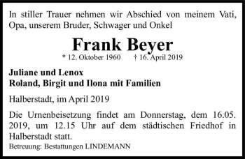 Traueranzeige von Frank Beyer  von Magdeburger Volksstimme