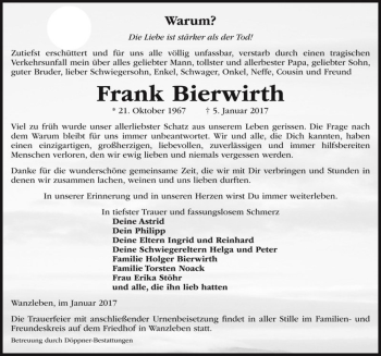 Traueranzeige von Frank Bierwirth  von Magdeburger Volksstimme