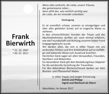 Traueranzeige von Frank Bierwirth  von Magdeburger Volksstimme