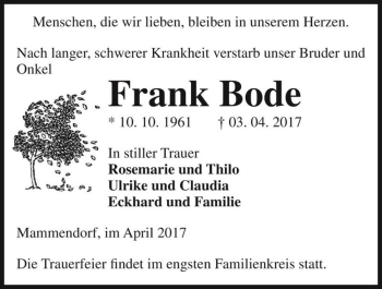 Traueranzeige von Frank Bode  von Magdeburger Volksstimme
