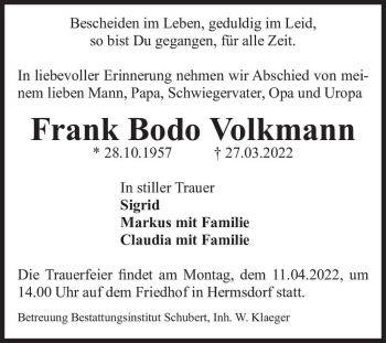 Traueranzeige von Frank Bodo Volkmann  von Magdeburger Volksstimme
