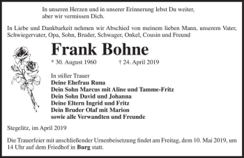 Traueranzeige von Frank Bohne  von Magdeburger Volksstimme