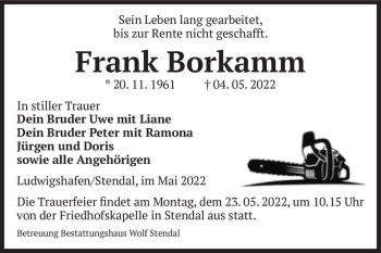Traueranzeige von Frank Borkamm  von Magdeburger Volksstimme