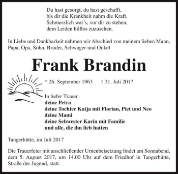 Traueranzeige von Frank Brandin  von Magdeburger Volksstimme