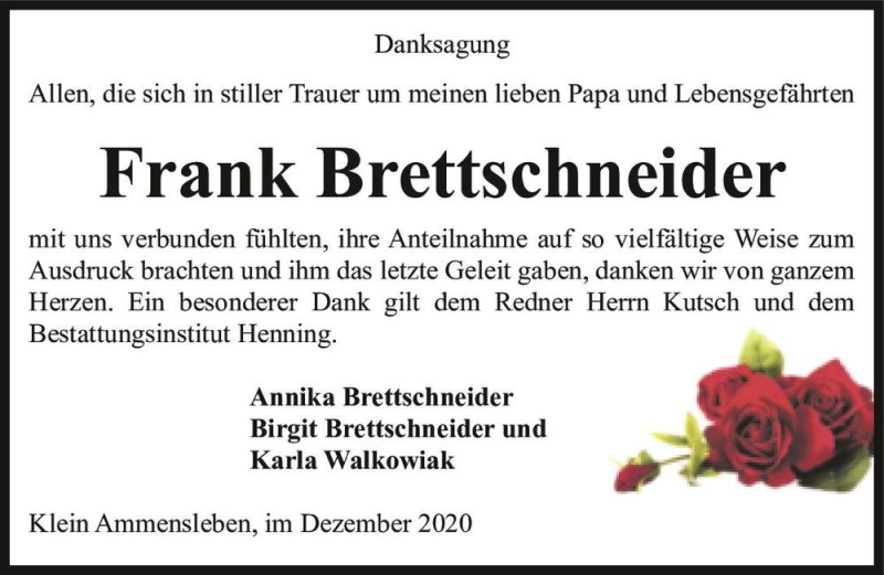  Traueranzeige für Frank Brettschneider  vom 19.12.2020 aus Magdeburger Volksstimme