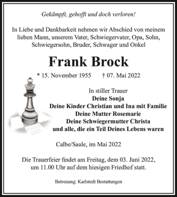 Traueranzeige von Frank Brock  von Magdeburger Volksstimme