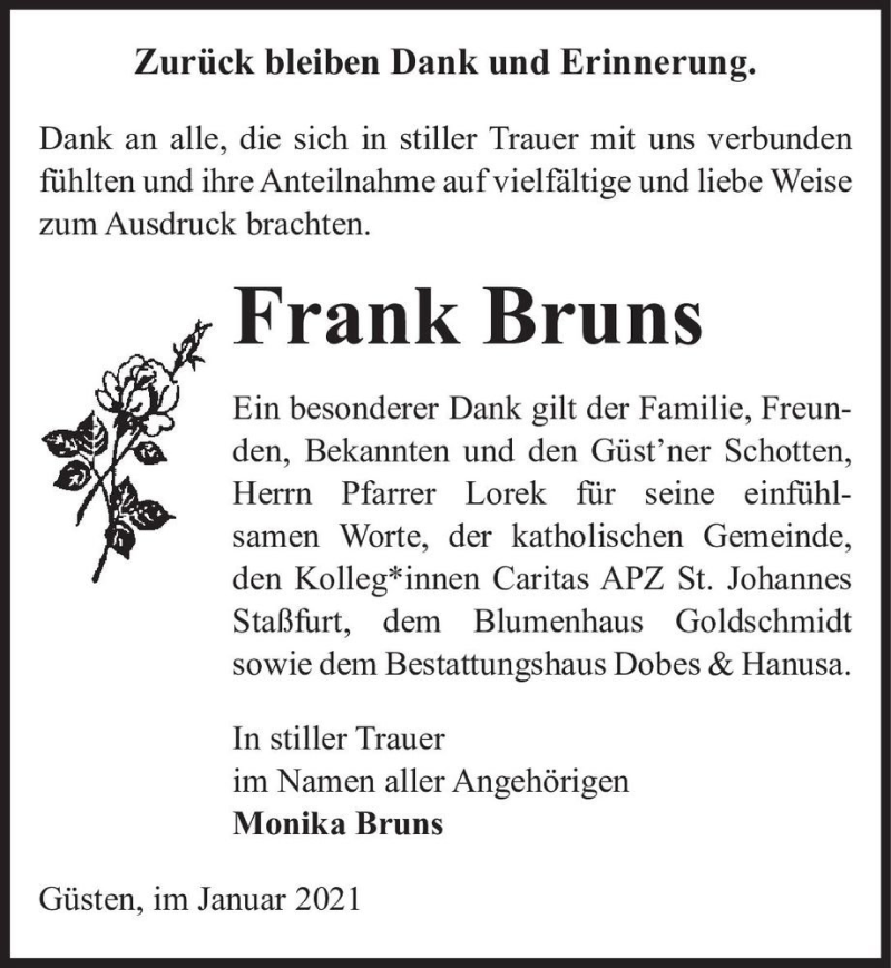  Traueranzeige für Frank Bruns  vom 30.01.2021 aus Magdeburger Volksstimme