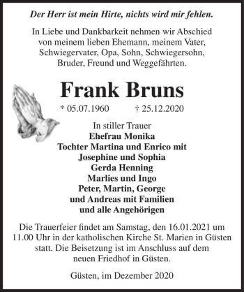 Traueranzeige von Frank Bruns  von Magdeburger Volksstimme