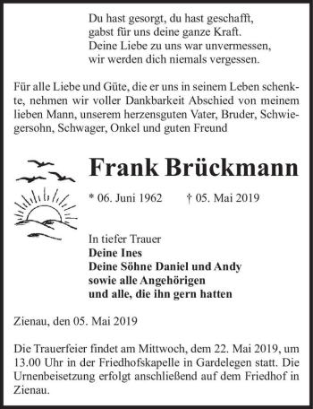 Traueranzeige von Frank Brückmann  von Magdeburger Volksstimme