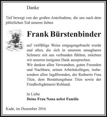 Traueranzeige von Frank Bürstenbinder  von Magdeburger Volksstimme