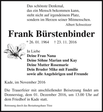 Traueranzeige von Frank Bürstenbinder  von Magdeburger Volksstimme