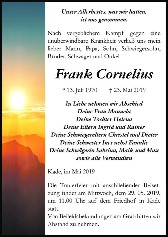  Traueranzeige für Frank Cornelius  vom 25.05.2019 aus Magdeburger Volksstimme