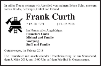 Traueranzeige von Frank Curth  von Magdeburger Volksstimme