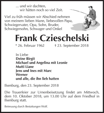 Traueranzeige von Frank Czieschelski  von Magdeburger Volksstimme