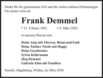 Traueranzeige von Frank Demmel  von Magdeburger Volksstimme