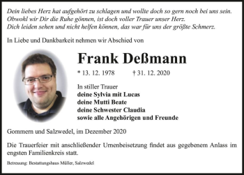 Traueranzeige von Frank Deßmann  von Magdeburger Volksstimme