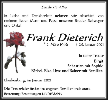 Traueranzeige von Frank Dieterich  von Magdeburger Volksstimme