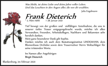 Traueranzeige von Frank Dieterich  von Magdeburger Volksstimme