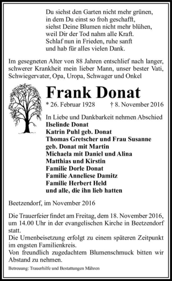 Traueranzeige von Frank Donat  von Magdeburger Volksstimme