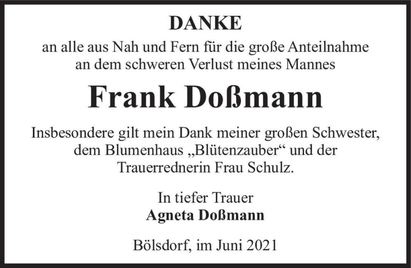  Traueranzeige für Frank Doßmann  vom 19.06.2021 aus Magdeburger Volksstimme
