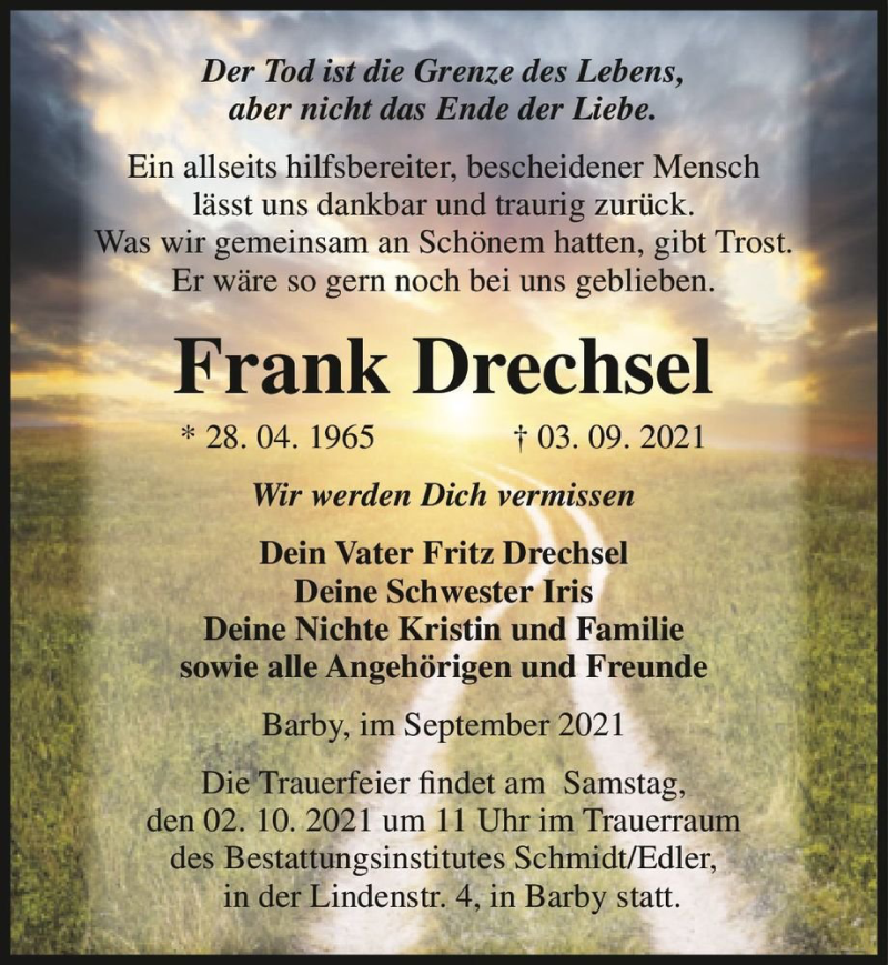  Traueranzeige für Frank Drechsel  vom 11.09.2021 aus Magdeburger Volksstimme