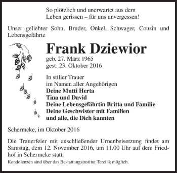Traueranzeige von Frank Dziewior  von Magdeburger Volksstimme
