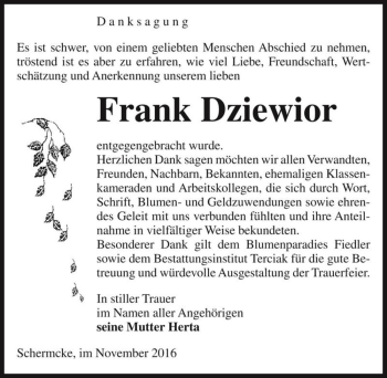 Traueranzeige von Frank Dziewior  von Magdeburger Volksstimme