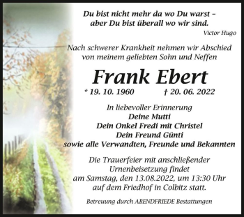 Traueranzeige von Frank Ebert  von Magdeburger Volksstimme
