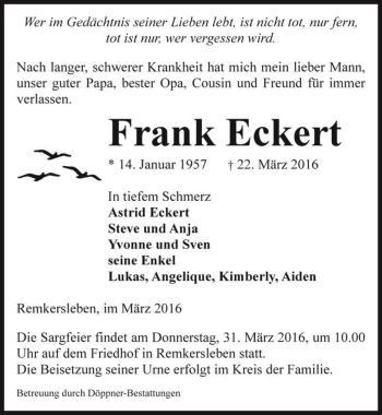 Traueranzeige von Frank Eckert  von Magdeburger Volksstimme