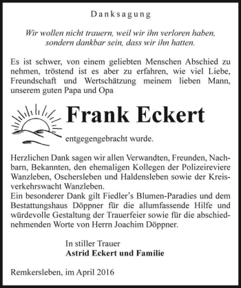 Traueranzeige von Frank Eckert  von Magdeburger Volksstimme