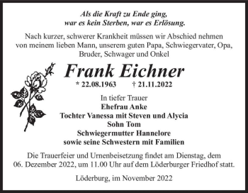 Traueranzeige von Frank Eichner  von Magdeburger Volksstimme