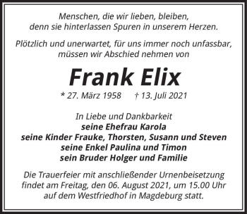 Traueranzeige von Frank Elix  von Magdeburger Volksstimme