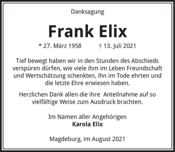 Traueranzeige von Frank Elix  von Magdeburger Volksstimme